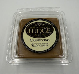 A half-pound of cappuccino fudge made with real coffee in a clear plastic tub.