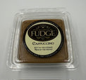 A  half-pound of cappuccino fudge made with real coffee in a clear plastic tub. 