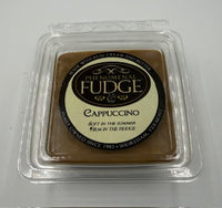 A  half-pound of cappuccino fudge made with real coffee in a clear plastic tub. 