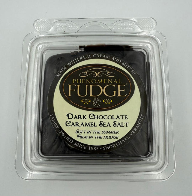 Packaged dark chocolate fudge with 'Phenomenal Fudge' label on a gray background